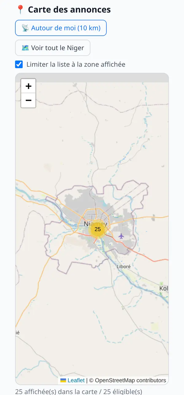 Carte des annonces sur Niamey : une pastille chiffrée regroupe les annonces, avec les boutons Autour de moi et Voir tout le Niger