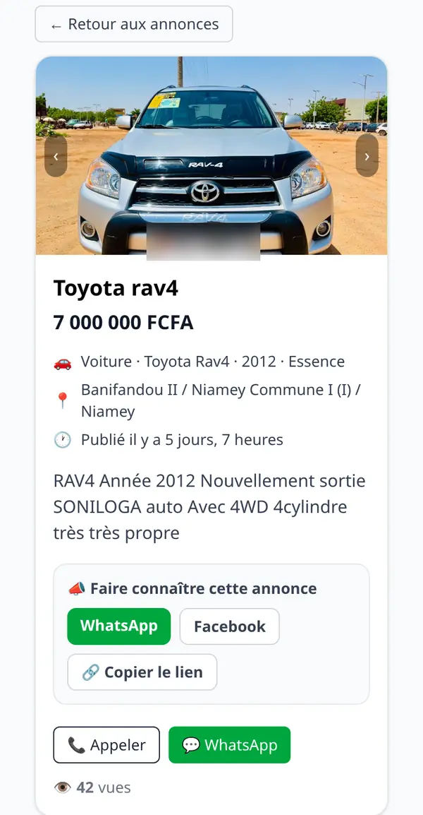 Fiche d’une annonce : photo, prix, lieu, puis les boutons Appeler et WhatsApp pour joindre le vendeur