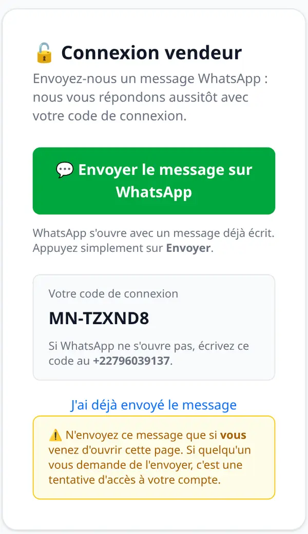 Page Connexion vendeur : le bouton vert « Envoyer le message sur WhatsApp » et le code de connexion