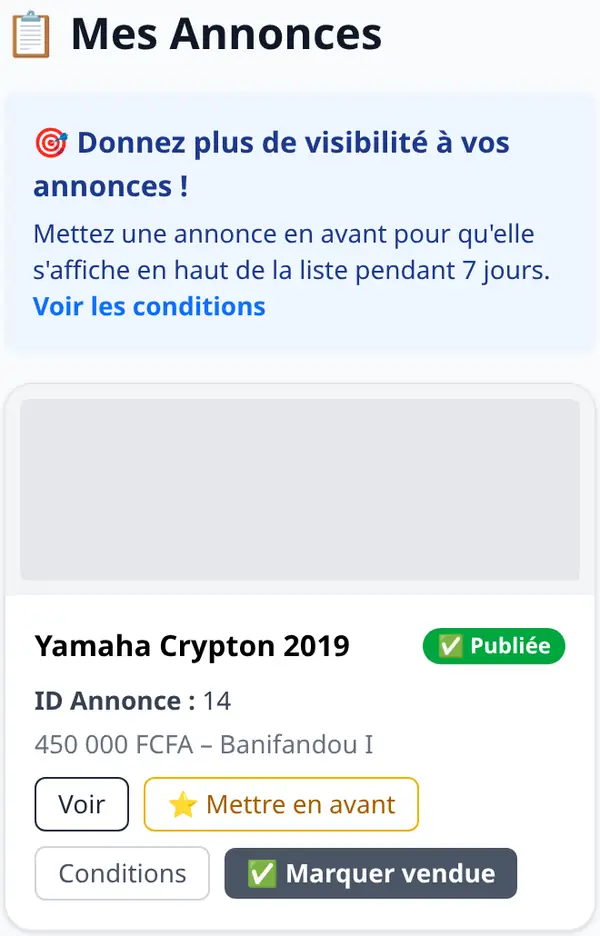 Page Mes annonces : une annonce publiée avec les boutons Voir, Mettre en avant et Marquer vendue