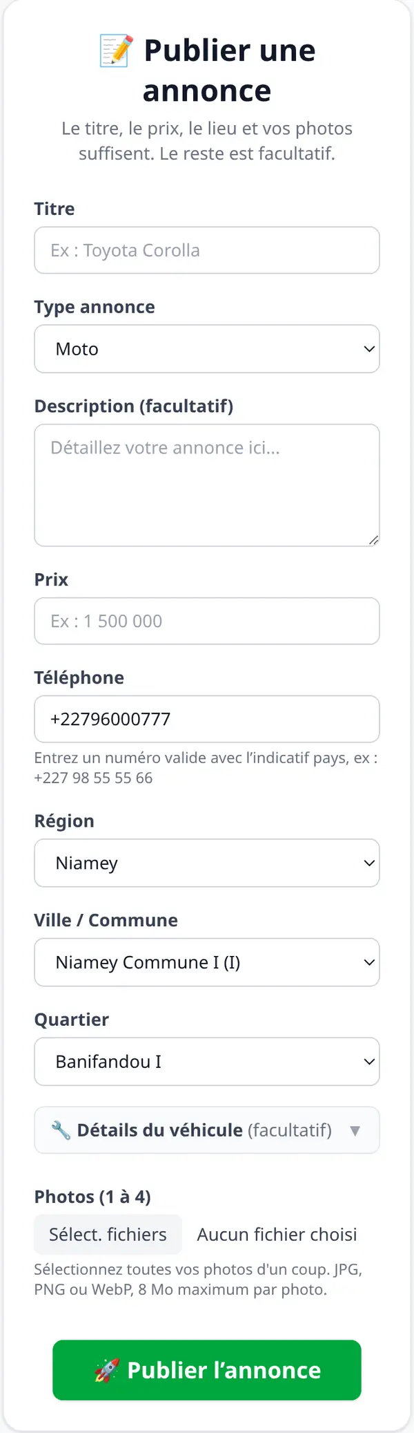 Formulaire Publier une annonce : titre, type, prix, téléphone pré-rempli, lieu, photos et bouton Publier l’annonce